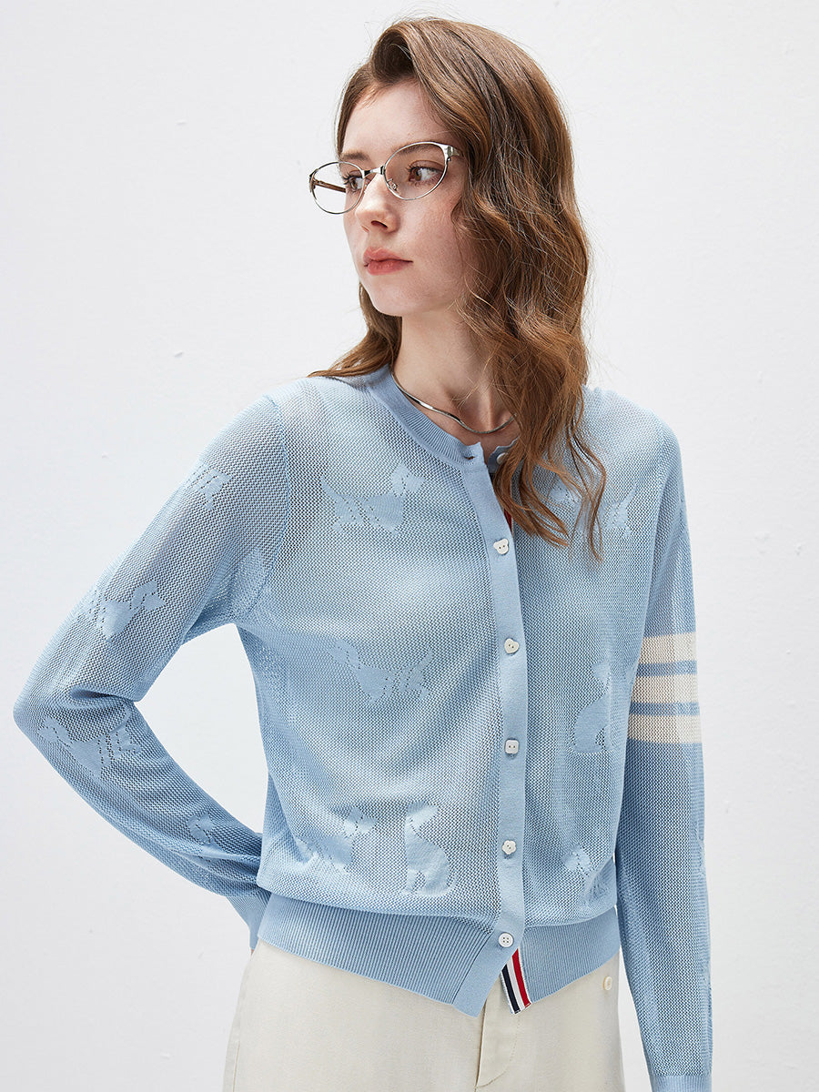 COMOBOCA Women's Pet Pointelle Knit Round Neck Cardigan