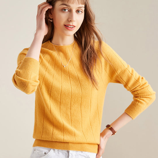 COMOBOCA Yellow 100% Cashmere Women's Ribbed Knit Pullover Sweater
