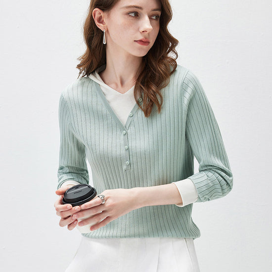 COMOBOCA Women's Layered Ribbed Knit Hooded Henley Top