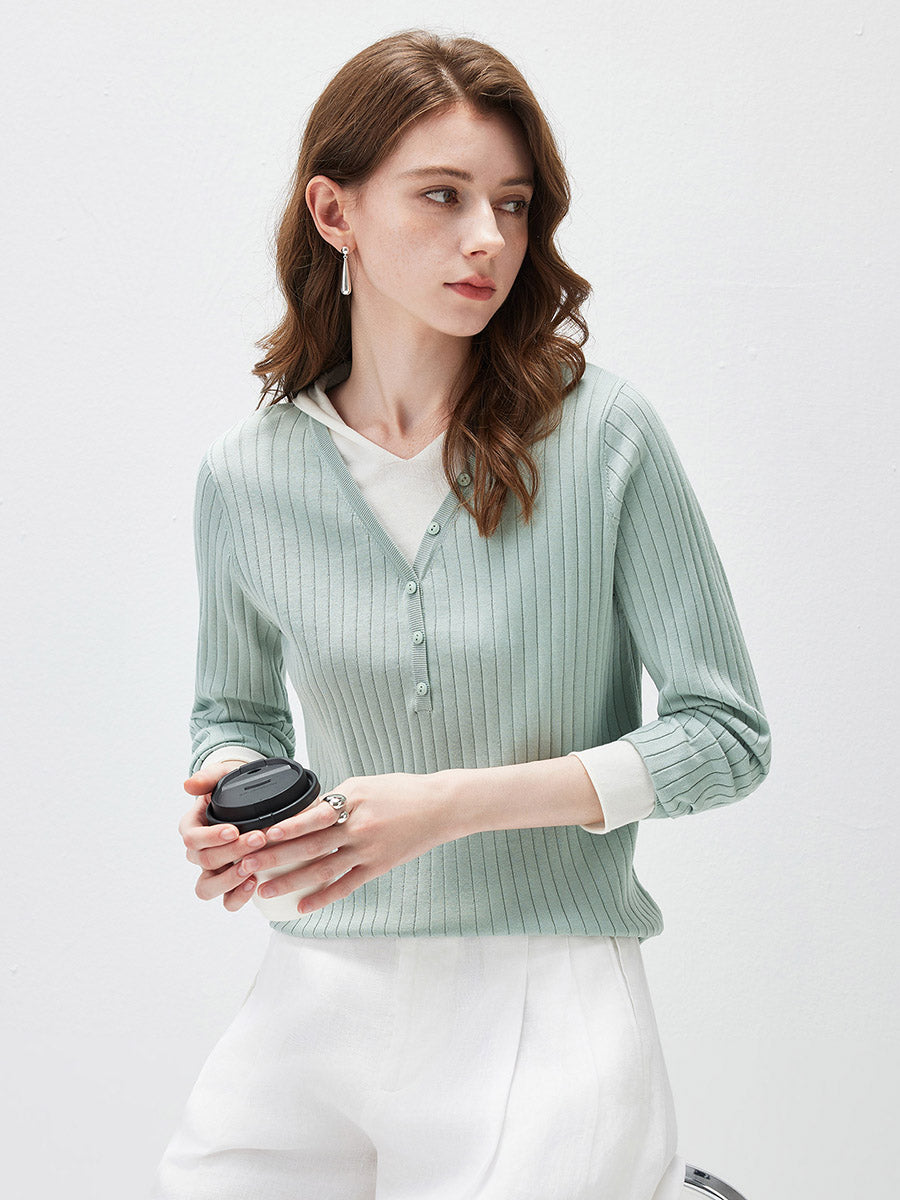 COMOBOCA Women's Layered Ribbed Knit Hooded Henley Top