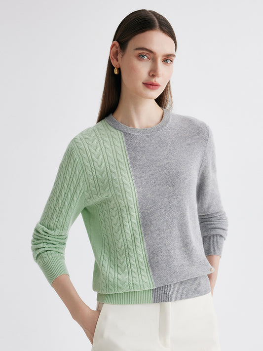 COMOBOCA Gray 100% Cashmere Women's Color Block Cable Knit Sweater