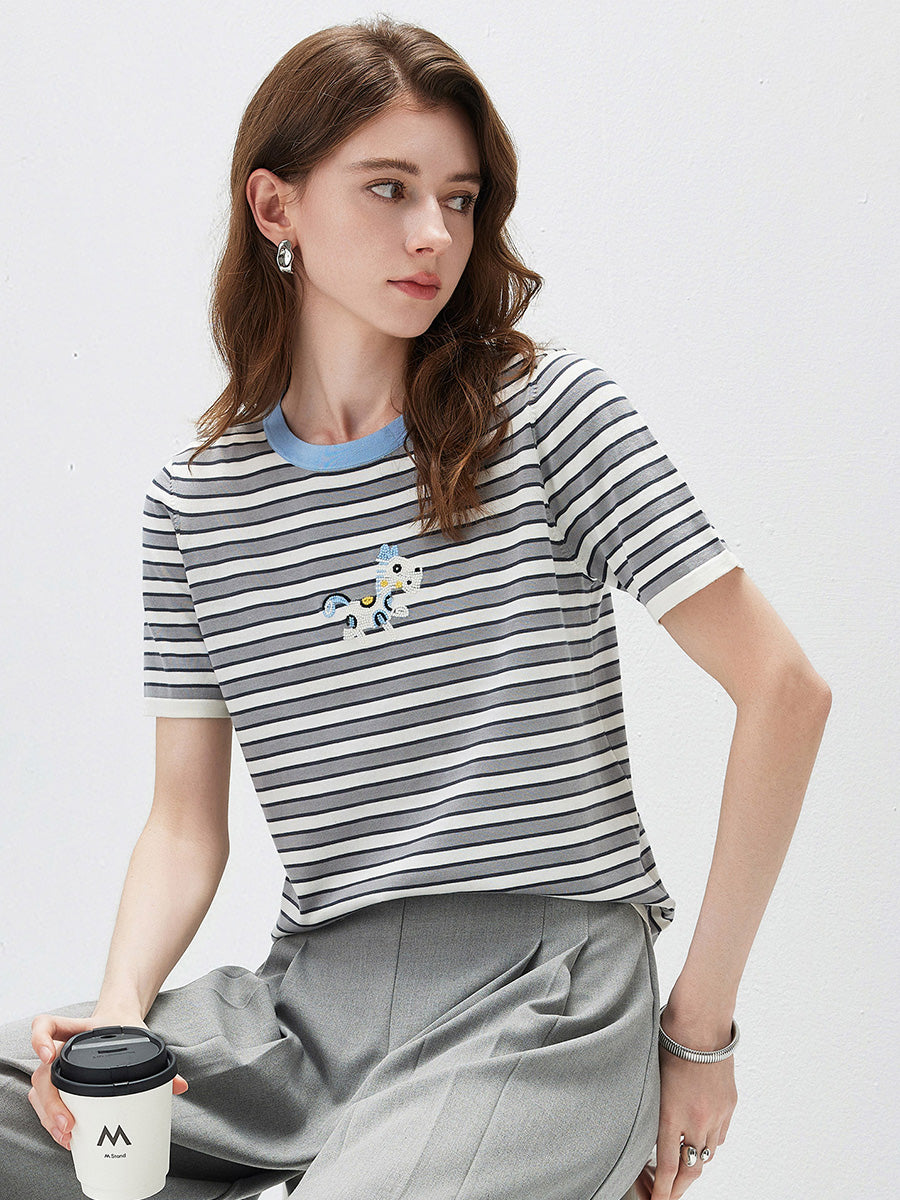 COMOBOCA Women's Embroidery Striped Knit Top