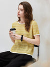 Women’s Round-Neck Linen Blend Dopamine Striped Knit Short Sleeve Top with Contrast Trim