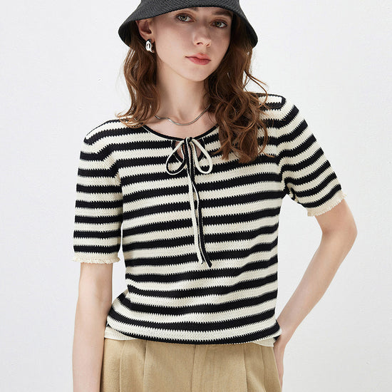 COMOBOCA Black Women's Tie-Neck Striped Knit T-Shirt
