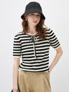 COMOBOCA Black Women's Tie-Neck Striped Knit T-Shirt