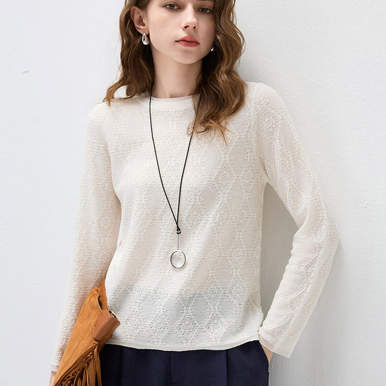 COMOBOCA Women's Textured Sheer Knit Round Neck Sweater