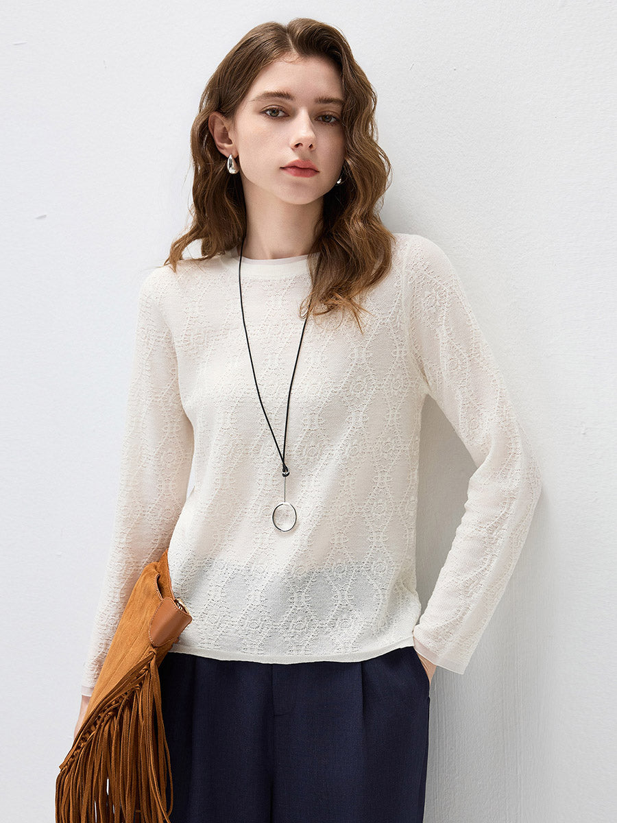 COMOBOCA Women's Textured Sheer Knit Round Neck Sweater