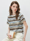 100% Mulberry Silk Women’s Vintage Print Round-Neck Short Sleeve T-Shirt