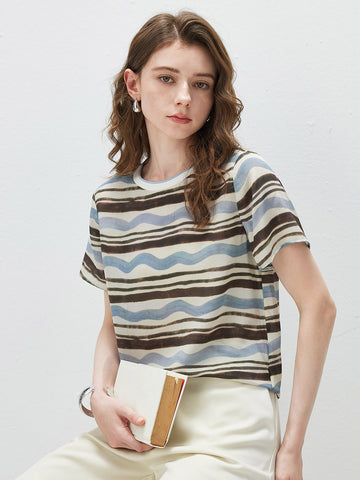 100% Mulberry Silk Women’s Vintage Print Round-Neck Short Sleeve T-Shirt