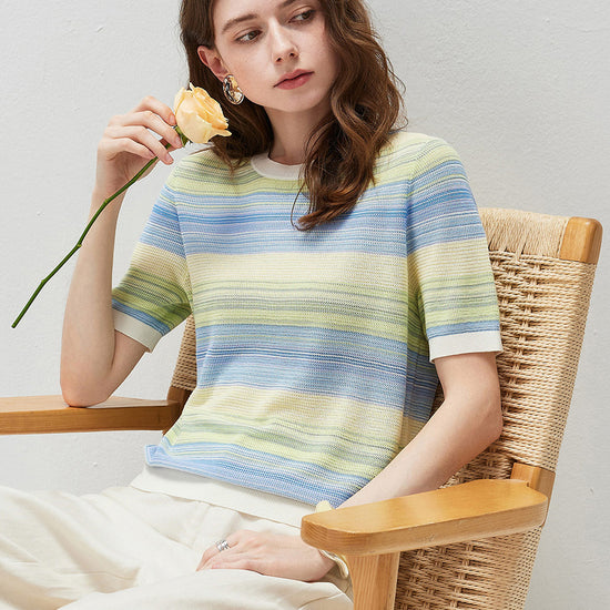 COMOBOCA Women's Gradient Stripe Openwork Knit T-Shirt