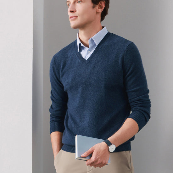 COMOBOCA 100% Cashmere Men's V-Neck Sweater