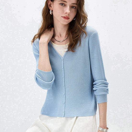 COMOBOCA Women's Ribbed Knit V-Neck Faux Cardigan