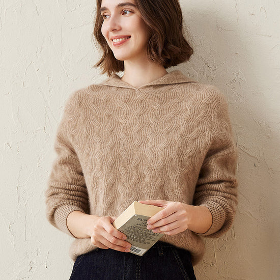 COMOBOCA Camel 100% Cashmere Women's Cable Knit Hooded Sweater