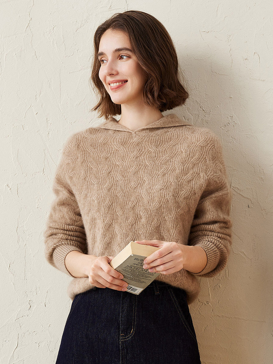 COMOBOCA Camel 100% Cashmere Women's Cable Knit Hooded Sweater