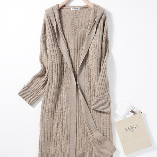 COMOBOCA L BROWN 100% Cashmere Women's Loose Hooded Knit Coat