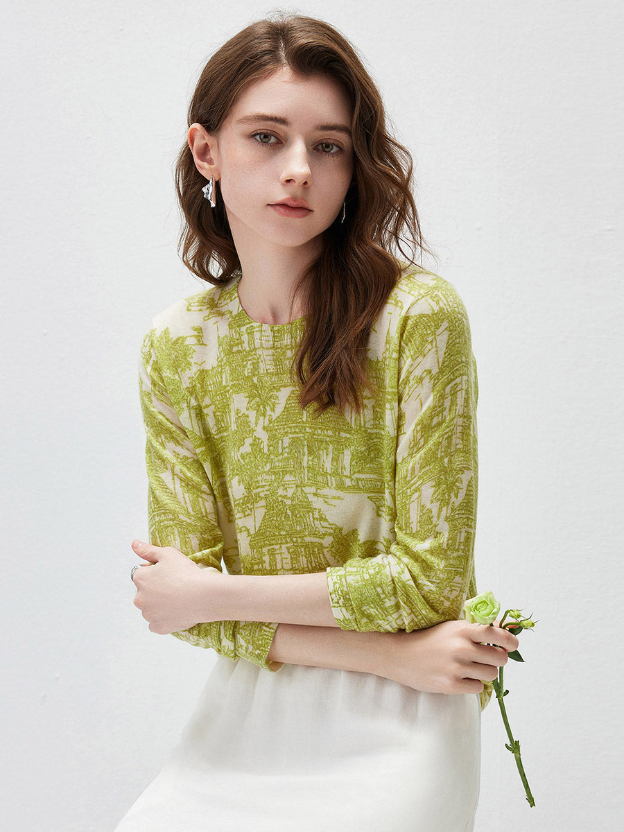 COMOBOCA Women's Cityscape Print Knit Sweater