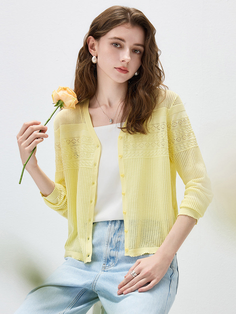 COMOBOCA Women's Pointelle Knit V-Neck Cardigan