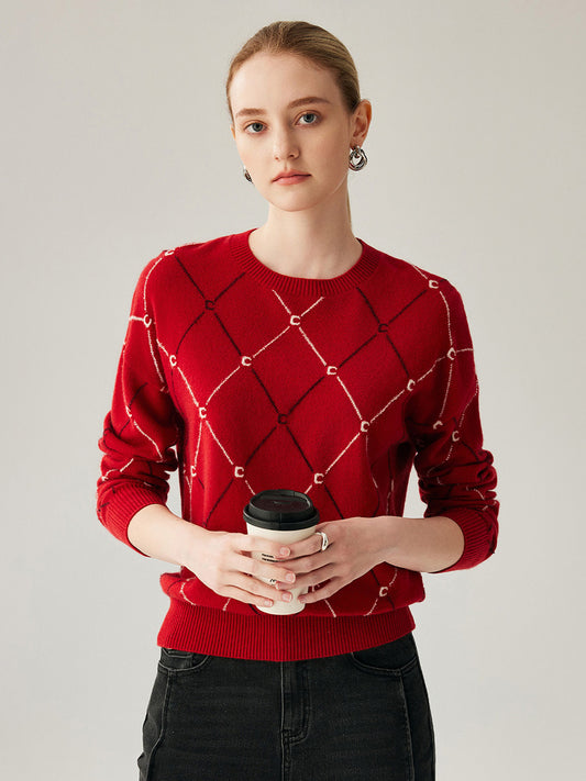 COMOBOCA Red 100% Cashmere Women's Diamond Patterned Round Neck Sweater