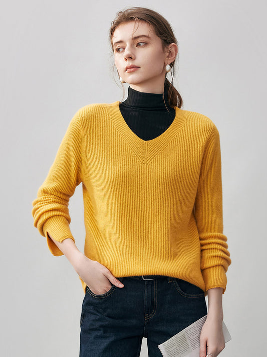 COMOBOCA 100% Cashmere Women's V-Neck Ribbed Knit Sweater