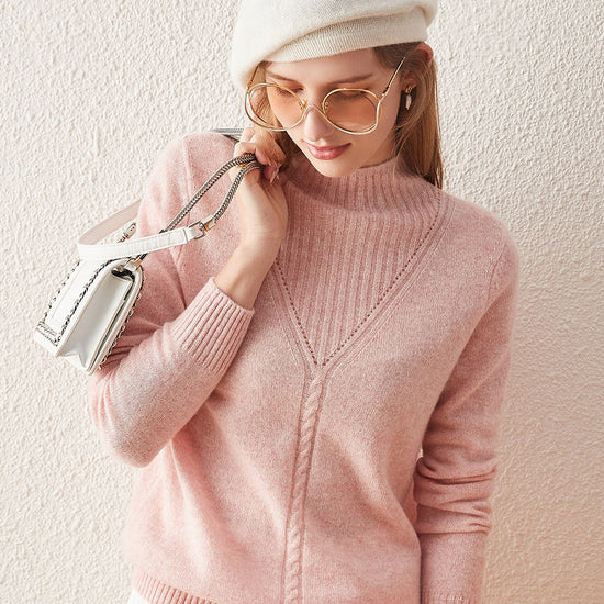 COMOBOCA 100% Cashmere Mock Neck Ribbed Knit Sweater