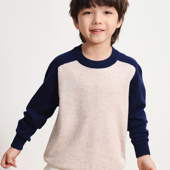 COMOBOCA 100% Wool Kids' Round Neck Color Block Sweater