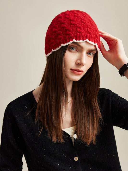 COMOBOCA Red 100% Cashmere Women's Cable Knit Beanie