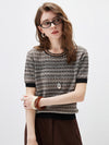 Women's  Round Neck Jacquard Linen Knit Short Sleeve Top