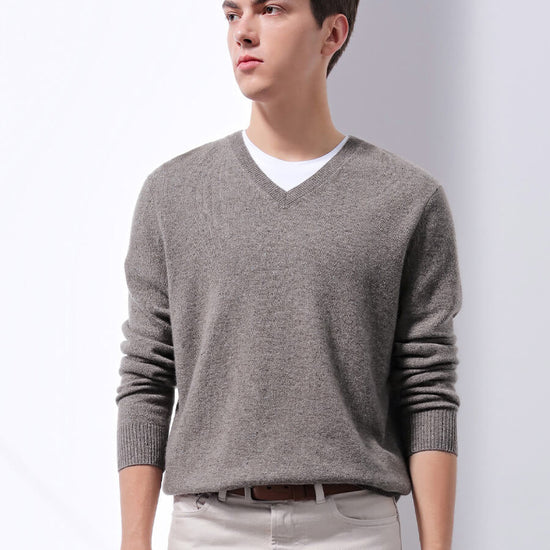 COMOBOCA LIGHT GREY 100% Cashmere Men's V-Neck Sweater