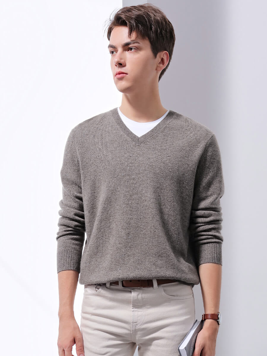 COMOBOCA LIGHT GREY 100% Cashmere Men's V-Neck Sweater