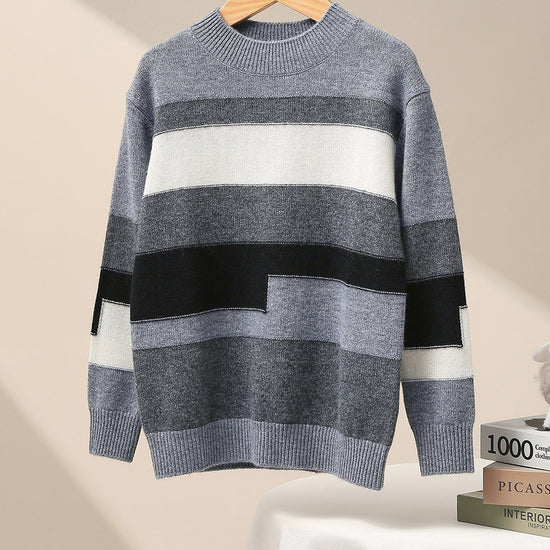 COMOBOCA Gray 100% Wool Kids' Geometric Color Block Striped Knit Sweater