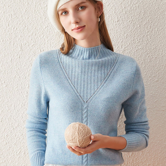 COMOBOCA 100% Cashmere Mock Neck Ribbed Knit Sweater