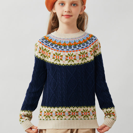 COMOBOCA Navy Blue 100% Wool Kids' Cable Fair Isle Round Neck Sweater