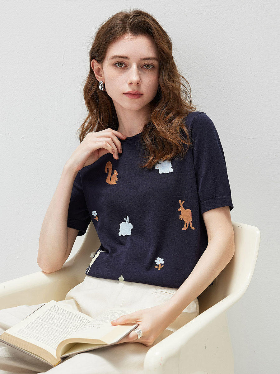 COMOBOCA Women's Forest Animal Intarsia Knit T-Shirt