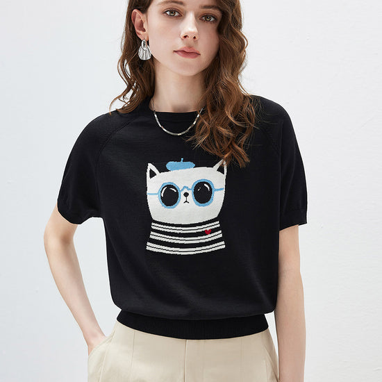 COMOBOCA Women's Cartoon Animal Intarsia Knit T-Shirt