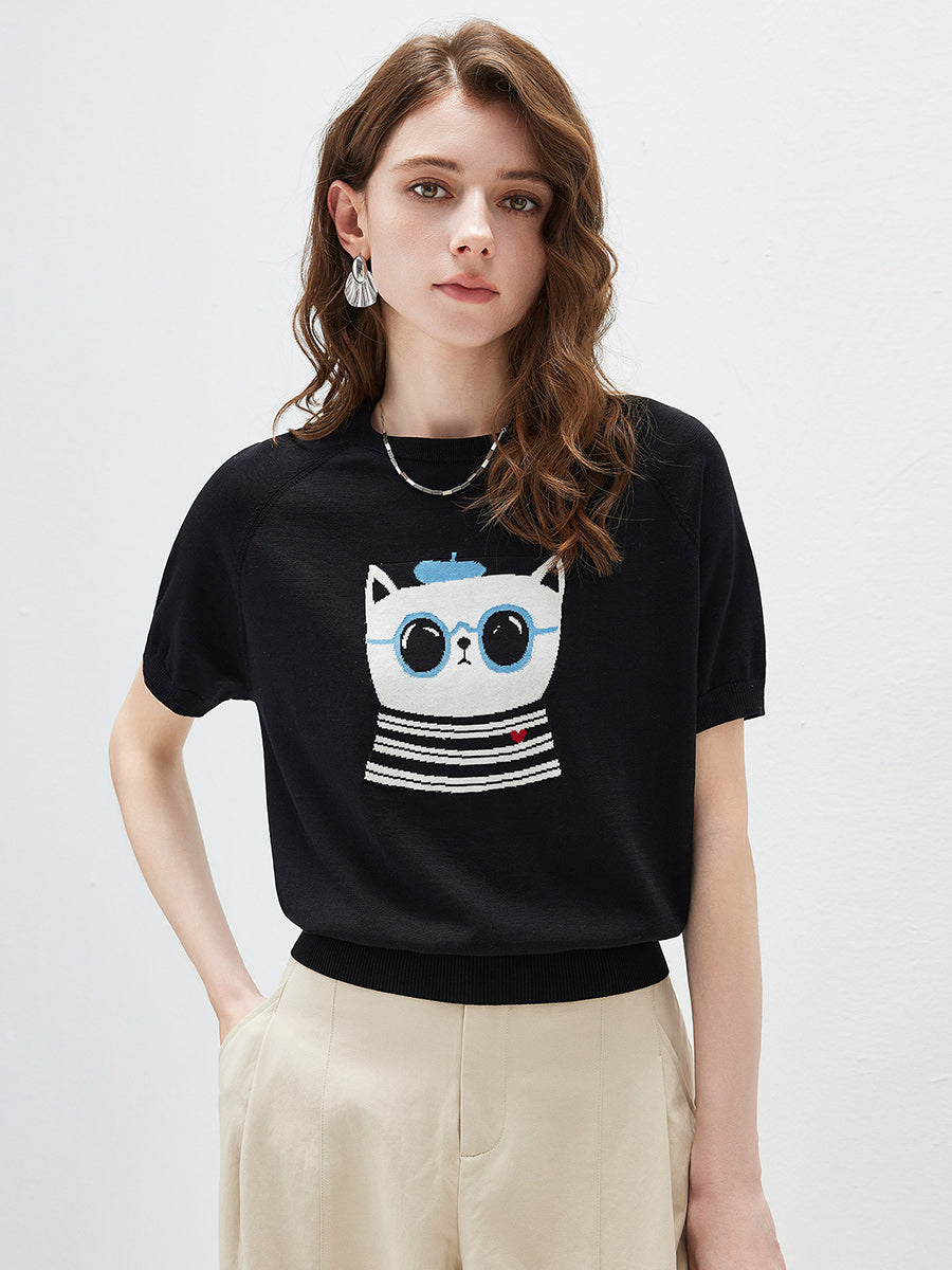 COMOBOCA Women's Cartoon Animal Intarsia Knit T-Shirt