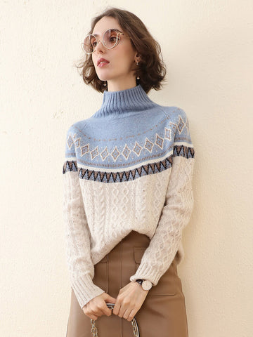 COMOBOCA 100% Cashmere Women's Mock Neck Fair Isle Cable Knit Sweater
