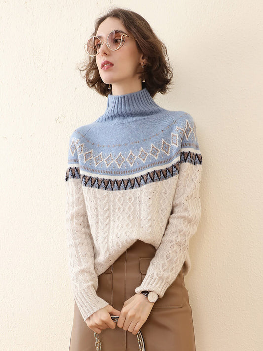 COMOBOCA 100% Cashmere Women's Mock Neck Fair Isle Cable Knit Sweater
