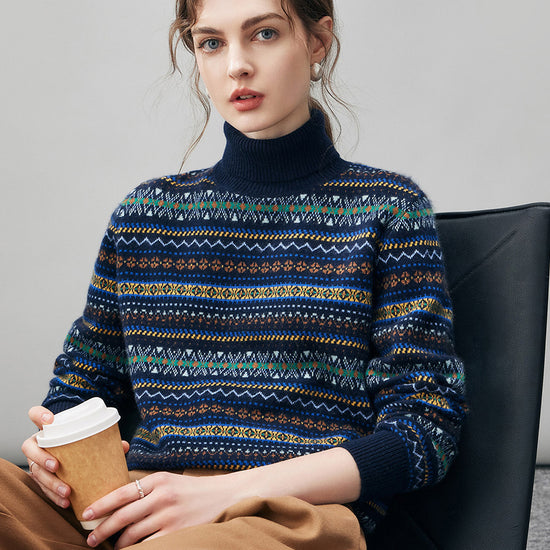 COMOBOCA 100% Cashmere Women's Fair Isle Turtleneck Sweater