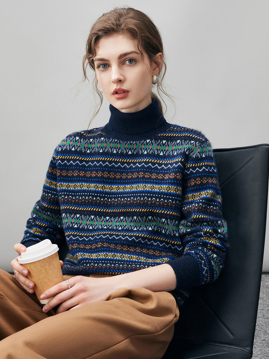 COMOBOCA 100% Cashmere Women's Fair Isle Turtleneck Sweater