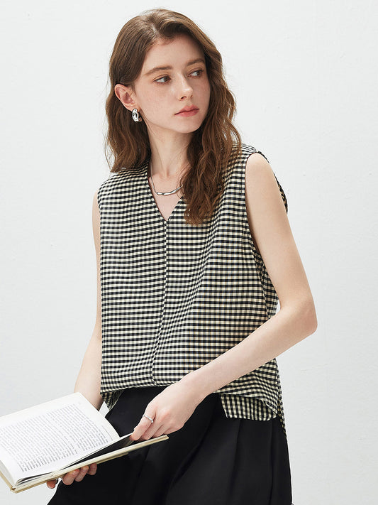 Women's V-neck Mulberry Silk Cotton Plaid Sleeveless Vest With Side Slit