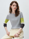COMOBOCA Women's Ribbed Color Block Round Neck Knit Sweater