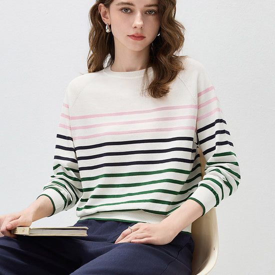 COMOBOCA Women's Stripe Round Neck Knit Sweater