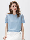 COMOBOCA Light Blue Women's Lace Round Neck Knit T-Shirt