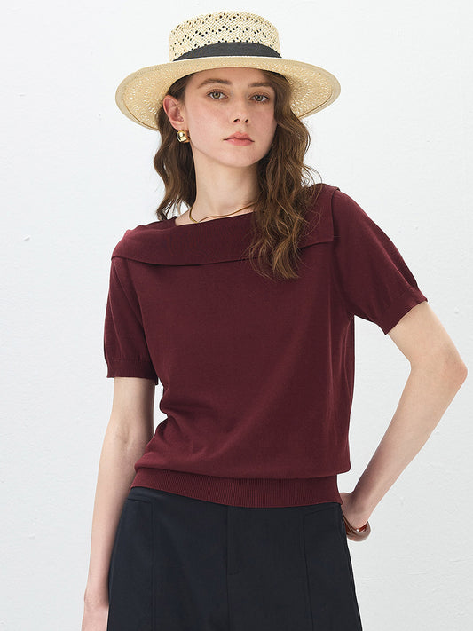 Women's Sophisticated Mulberry Silk Knit Top with Off-Shoulder Neckline