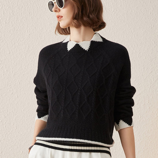 COMOBOCA Black 100% Cashmere Women's Contrast Jacquard Mock Neck Sweater