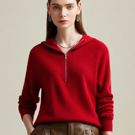 COMOBOCA Red 100% Cashmere Women's Zip-Up Ribbed Hoodie