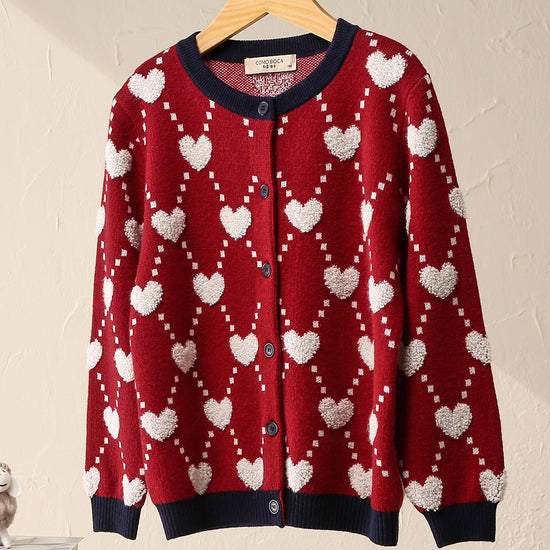 COMOBOCA Red 100% Wool Kids' Heart Pattern Knit Cardigan