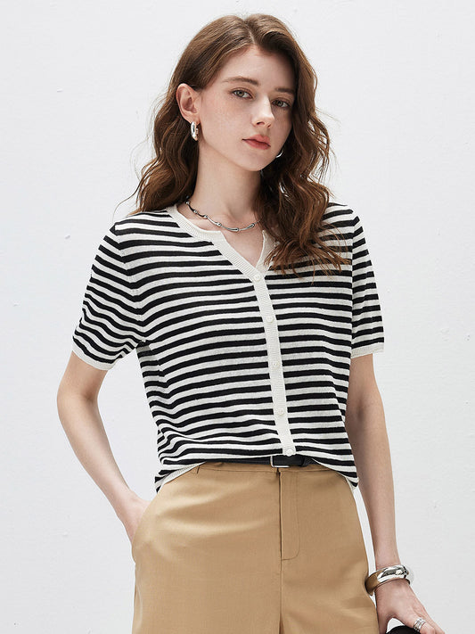 Women’s Linen Blend Striped Knit Pullover Short Sleeve T-Shirt