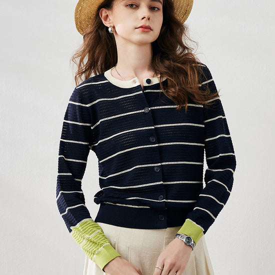 COMOBOCA Navy Blue Women's Striped Ribbed Button Down Cardigan