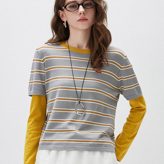 COMOBOCA Golden Blossom Women's Layered Striped Round Neck Knit Sweater